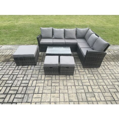 Fimous Polyrattan Gartenmöbel-Set Hochlehniges Rattan-Ecksofa Set mit Rechteckiger Couchtisch 3 Hockern