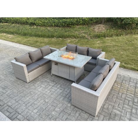 Fimous Polyrattan Gartenmöbel Set im Freien Gas Feuertisch Sofa Sets Helles Grau