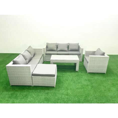 Fimous Polyrattan Gartenmöbel-Set im Freien mit Rechteckiger Couchtisch Sessel 2 Großer Hockern Hellgrau gemischt