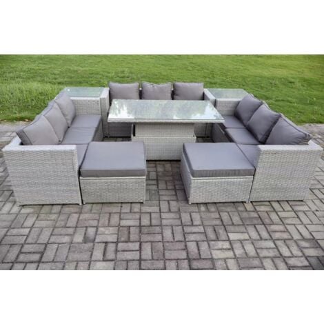 Fimous Polyrattan Gartenmöbel Set mit 2 Sofa, Höhe verstellbar Esstisch und 2 Beistelltisch, 2 Hocker Outdoor Terrassen Essgruppe Helles Grau