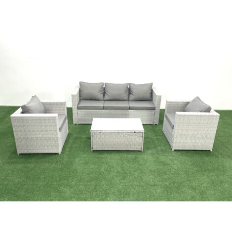 Fimous Polyrattan Gartenmöbel Set mit 3-Sitzer Sofa 2 Sesseln Rechteckiger Couchtisch Hellgrau gemischt 5-Sitzer