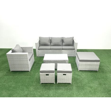 Fimous Polyrattan Gartenmöbel Set mit 3-Sitzer Sofa Sessel Rechteckiger Couchtisch 3 Hockern Hellgrau gemischt 6-Sitzer