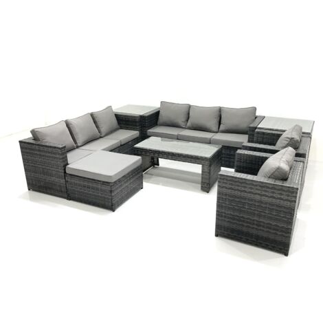 Fimous Polyrattan Gartenmöbel set mit Couchtisch Sessel 2 Beistelltischen 2 Großer Hockern Dunkelgrau Gemischt
