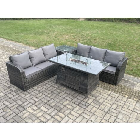Fimous Polyrattan Gartenmöbel Set mit Gasfeuerstelle Esstisch 4 Stücke Dunkelgrau Gemischt