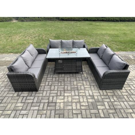 Fimous Polyrattan Gartenmöbel Set mit Gasfeuerstelle Esstisch 4 Stücke Garten Sofa im Freien Set Dunkelgrau Gemischt