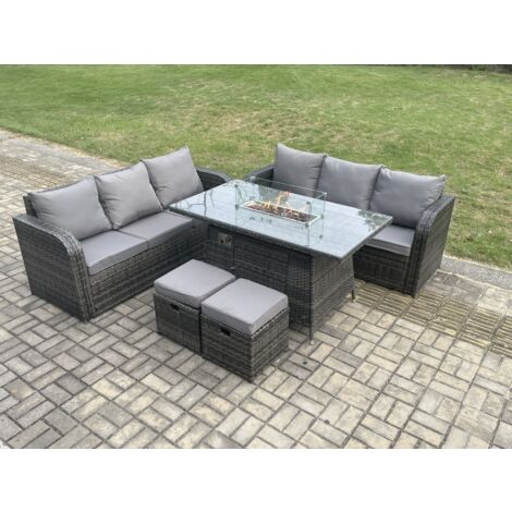 Fimous Polyrattan Gartenmöbel Set mit Gasfeuerstelle Esstisch Set 8-Sitzer Garten Sofa im Freien Set Dunkelgrau Gemischt