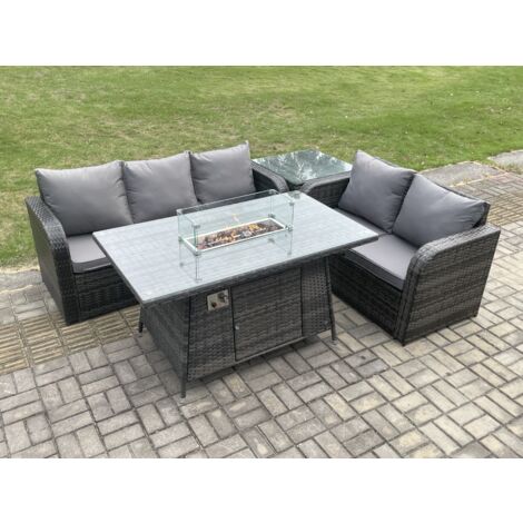 Fimous Polyrattan Gartenmöbel Set mit Gasfeuerstelle Esstisch,Beistelltisch 4 Stücke Garten Sofa im Freien Set Dunkelgrau Gemischt