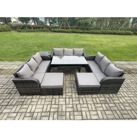 Fimous Polyrattan Gartenmöbel Set mit Rechteckiger Esstisch 2 Großer Hockern Beistelltisch Dunkelgrau gemischt