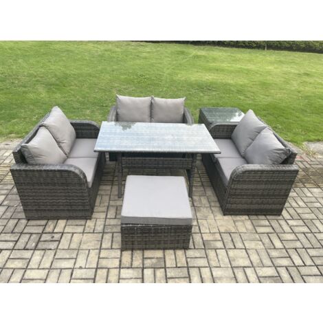 Fimous Polyrattan Gartenmöbel Set mit Rechteckiger Esstisch Großer Fußhocker Beistelltisch Dunkelgrau gemischt
