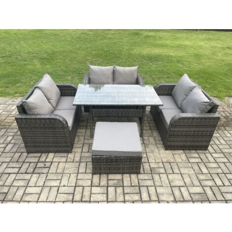 Fimous Polyrattan Gartenmöbel Set mit Rechteckiger Esstisch Großer Fußhocker Dunkelgrau gemischt