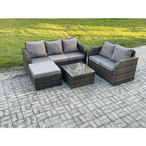 Fimous Polyrattan Gartenmöbel Sets 6-Sitzer Garten Sofa im Freien Set Quadratischer Couchtisch 2 Großer Hockern