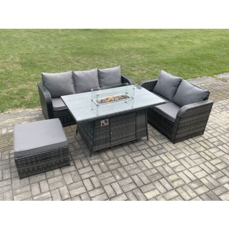 Fimous Polyrattan Gartenmöbelset Gasfeuerstelle Esstisch und Sofa set mit 2 Großer Hockern