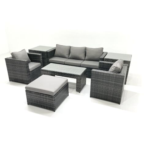 Fimous Polyrattan Gartensofa Set Couchtisch 2 Sessel 2 Großer Hockern 2 Beistelltischen Dunkelgrau Gemischt