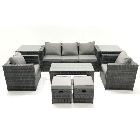 Fimous Polyrattan Gartensofa Set Couchtisch 2 Sessel 2 kleine Fußhockern 2 Beistelltischen Dunkelgrau Gemischt
