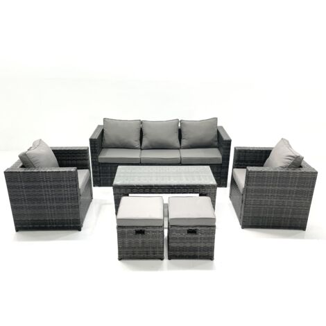 Fimous Polyrattan Gartensofa Set Couchtisch 2 Sessel 2 kleine Fußhockern Dunkelgrau Gemischt