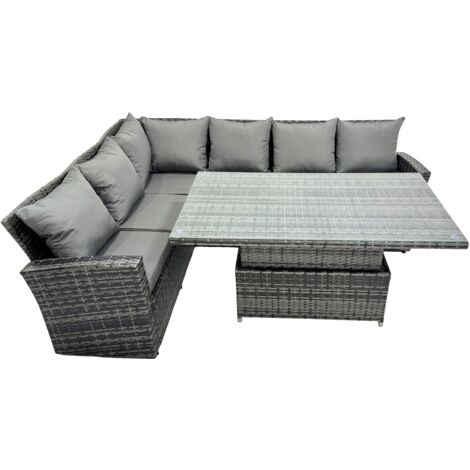 Fimous Polyrattan Sitzgruppe für 6 Personen, Balkon Möbel Höhenverstellbarer Esstisch Set 6 Sitzer