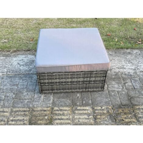 Fimous Rattan Big Footstool Patio Outdoor Stool Garden Furniture With Thick Grey Cushion Dark Grey Mixed