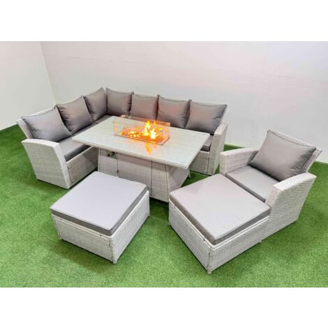 Fimous Rattan Corner Sofa Chair Set Outdoor Furniture Garden Dining Sets Gas Fire Pit Table with Temper Glass 2 Big Footstools Light Grey Mixed
