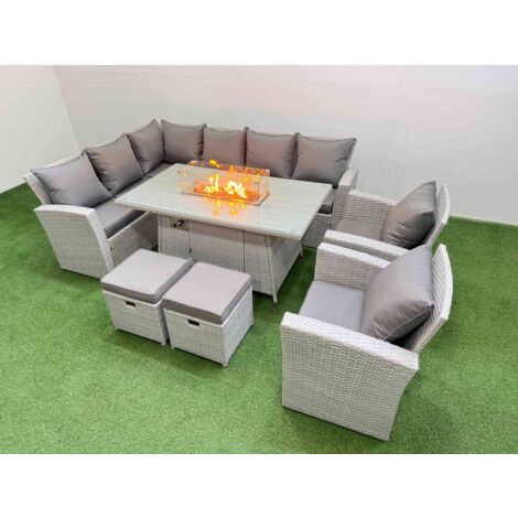 Fimous Rattan Corner Sofa Chair Set Outdoor Furniture Garden Dining Sets Gas Fire Pit Table with Temper Glass 2 Footstools Light Grey Mixed
