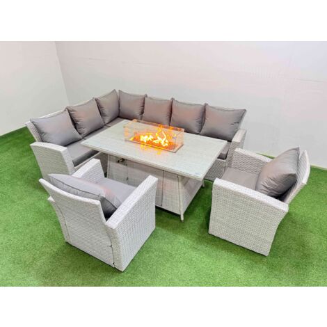 Fimous Rattan Corner Sofa Chair Set Outdoor Furniture Garden Dining Sets Gas Fire Pit Table with Temper Glass Light Grey Mixed
