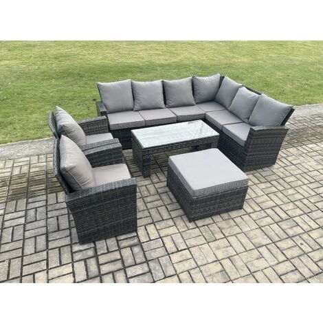 Fimous Rattan Corner Sofa Garden Furniture Set with Big Footstool Rectangular Coffee Table 2 Armchairs with Cushion Dark Grey Mixed