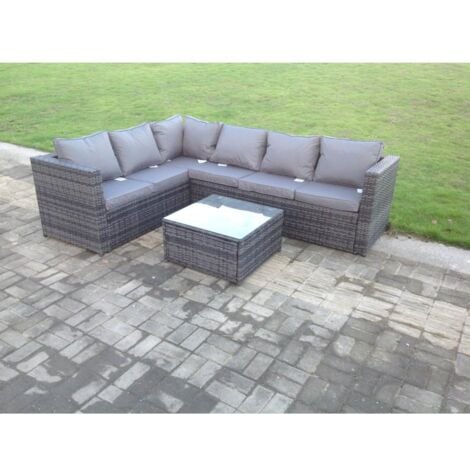 Fimous Rattan Corner Sofa Set Square Coffee Table Outdoor Garden Furniture In Dark Grey Mix 6 Seater With Seat And Back Cushion Right Corner