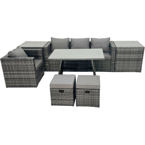 Fimous Rattan Dining Table Sofa Armchair Set with 2 Side Tables 2 Small Footstools Outdoor Garden Furniture Set Dark Grey Mixed