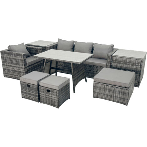 Fimous Rattan Dining Table Sofa Armchair Set with 2 Side Tables 3 Footstools Outdoor Garden Furniture Set Dark Grey Mixed