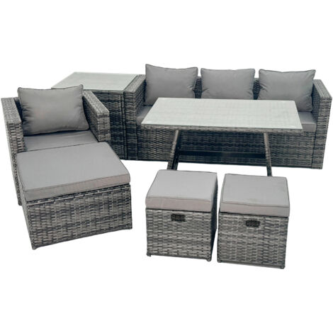 Fimous Rattan Dining Table Sofa Armchair Set with Side Table 3 Footstools Outdoor Garden Furniture Set Dark Grey Mixed