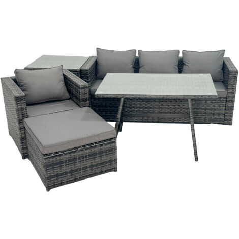 Fimous Rattan Dining Table Sofa Armchair Set with Side Table Big Footstool Outdoor Garden Furniture Set Dark Grey Mixed