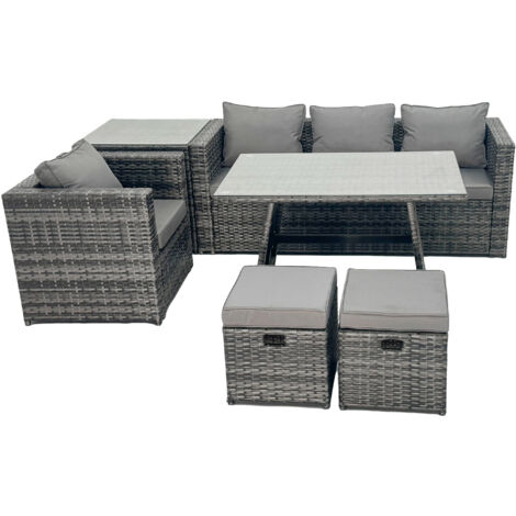 Fimous Rattan Dining Table Sofa Armchair Set with Side Table Small Footstool Outdoor Garden Furniture Set Dark Grey Mixed