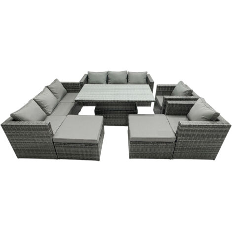 Fimous Rattan Dining Table Sofa Set with 2 Armchair 2 Stools Outdoor 10 Seat Garden Furniture Set Dark Grey Mixed