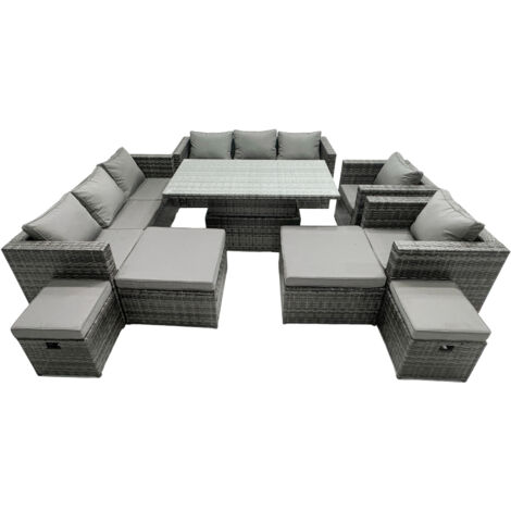 Fimous Rattan Dining Table Sofa Set with 2 Armchair 4 Stools Outdoor 12 Seat Garden Furniture Set Dark Grey Mixed
