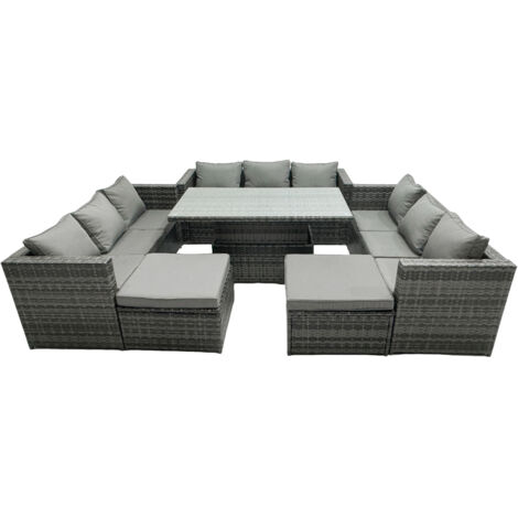 Fimous Rattan Dining Table Sofa Set with 2 Big Stool Outdoor 11 Seat Garden Furniture Set Dark Grey Mixed