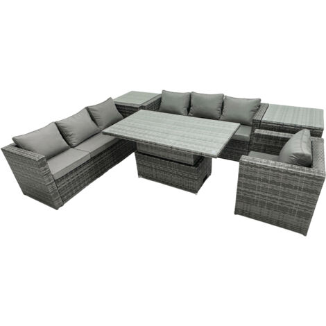 Fimous Rattan Dining Table Sofa Set with 2 Side Table Armchair Outdoor 7 Seat Garden Furniture Set Dark Grey Mixed