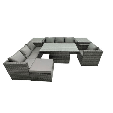 Fimous Rattan Dining Table Sofa Set with 2 Side Table Big Footstool Armchair Outdoor 8 Seat Garden Furniture Set Dark Grey Mixed
