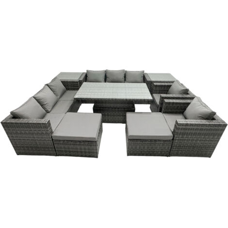 Fimous Rattan Dining Table Sofa Set with 2 Side Tables 2 Armchair 2 Stools Outdoor 10 Seat Garden Furniture Set Dark Grey Mixed