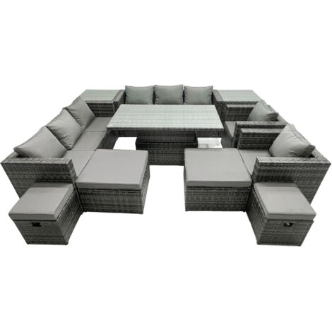 Fimous Rattan Dining Table Sofa Set with 2 Side Tables 2 Armchair 4 Stools Outdoor 12 Seat Garden Furniture Set Dark Grey Mixed