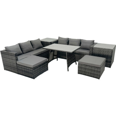 Fimous Rattan Dining Table Sofa Set with 2 Side Tables 2 Big Footstools Outdoor Garden Furniture Set Dark Grey Mixed