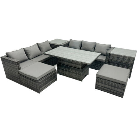 Fimous Rattan Dining Table Sofa Set with 2 Side Tables 2 Stools Outdoor 8 Seat Garden Furniture Set Dark Grey Mixed