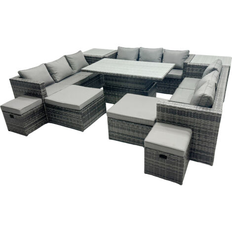 Fimous Rattan Dining Table Sofa Set with 2 Side Tables 4 Stools Outdoor 13 Seat Garden Furniture Set Dark Grey Mixed