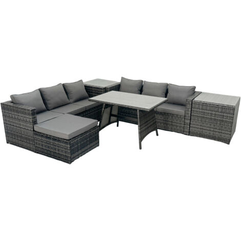 Fimous Rattan Dining Table Sofa Set with 2 Side Tables Big Footstool Outdoor Garden Furniture Set Dark Grey Mixed
