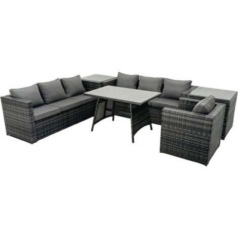 Fimous Rattan Dining Table Sofa Set with 2 Side Tables Outdoor 7 Seat Garden Furniture Set Dark Grey Mixed