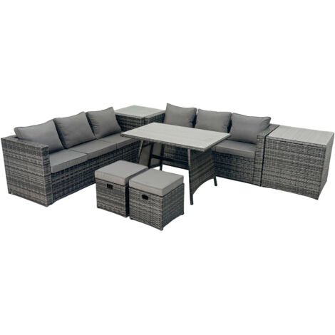 Fimous Rattan Dining Table Sofa Set with 2 Side Tables Small Footstool Outdoor Garden Furniture Set Dark Grey Mixed