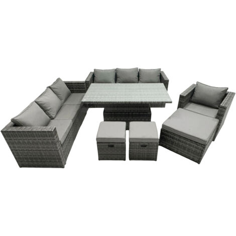 Fimous Rattan Dining Table Sofa Set with 3 Footstool Armchair Outdoor 10 Seat Garden Furniture Set Dark Grey Mixed