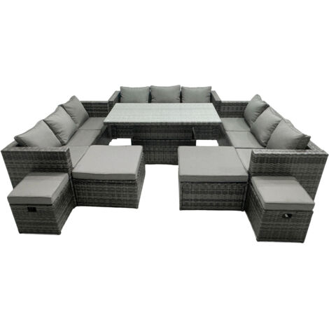 Fimous Rattan Dining Table Sofa Set with 4 Stools Outdoor 13 Seat Garden Furniture Set Dark Grey Mixed
