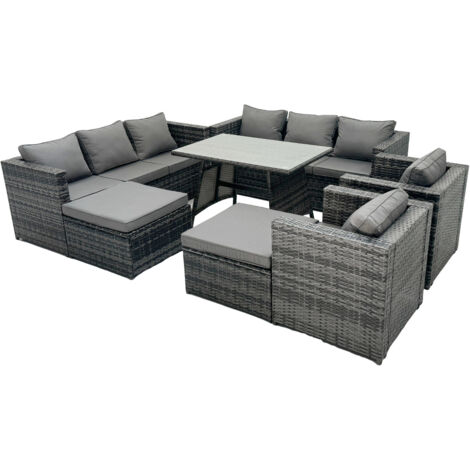 Fimous Rattan Dining Table Sofa Set with Armchair 2 Big Footstools Outdoor 10 Seat Garden Furniture Set Dark Grey Mixed