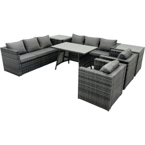 Fimous Rattan Dining Table Sofa Set with Armchair 2 Side Tables Outdoor 8 Seat Garden Furniture Set Dark Grey Mixed
