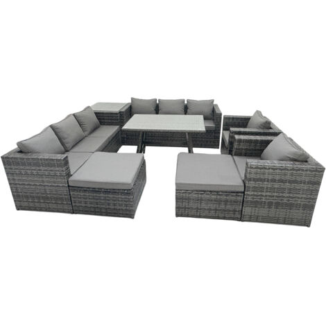 Fimous Rattan Dining Table Sofa Set with Armchair Side Table 2 Big Footstools Outdoor 10 Seat Garden Furniture Set Dark Grey Mixed