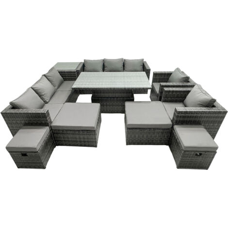 Fimous Rattan Dining Table Sofa Set with Side Table 2 Armchair 4 Stools Outdoor 12 Seat Garden Furniture Set Dark Grey Mixed